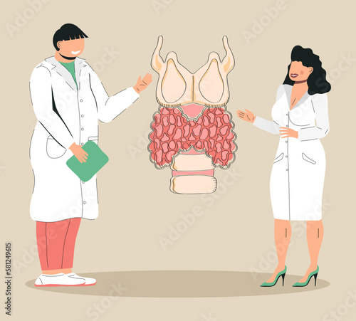 Hypothyroidism concept vector doodle style. Endocrinologists diagnose and treat human thyroid gland. Specialists make blood test on hormones. Medicine banner