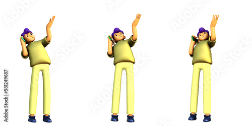 3D ILLUSTRATION RENDERING. PORTRAIT SMILLING MAN CUTE CARTOON CHARACTER YOUNG MALE MODEL STANDING ON ISOLATED WHITE BACKGROUND. MINIMAL HUMAN TALKING ON MOBILE SMART PHONE. 
