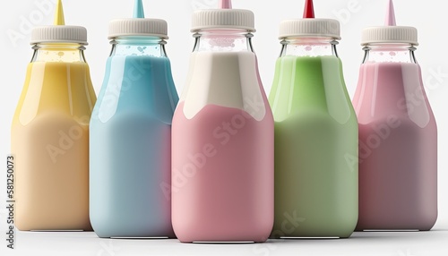 5. A row of glass milk bottles, each one filled with a different colorful smoothie. The atmosphere is healthy and refreshing. Isolated on a White Background. generative ai