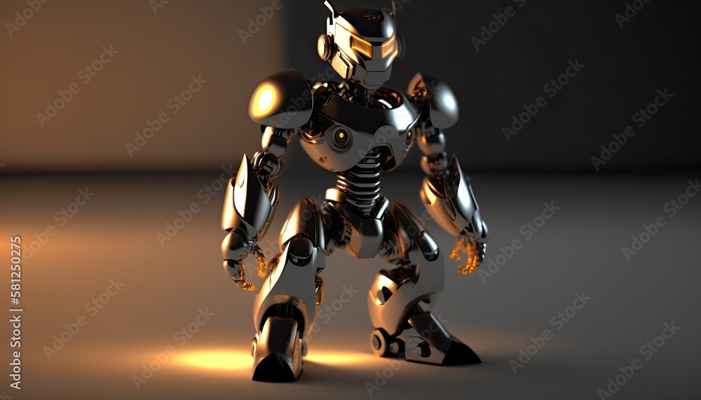 A sleek and modern robot in shades of silver and black, standing on a white surface and lit from the side with a warm yellow light. generative ai