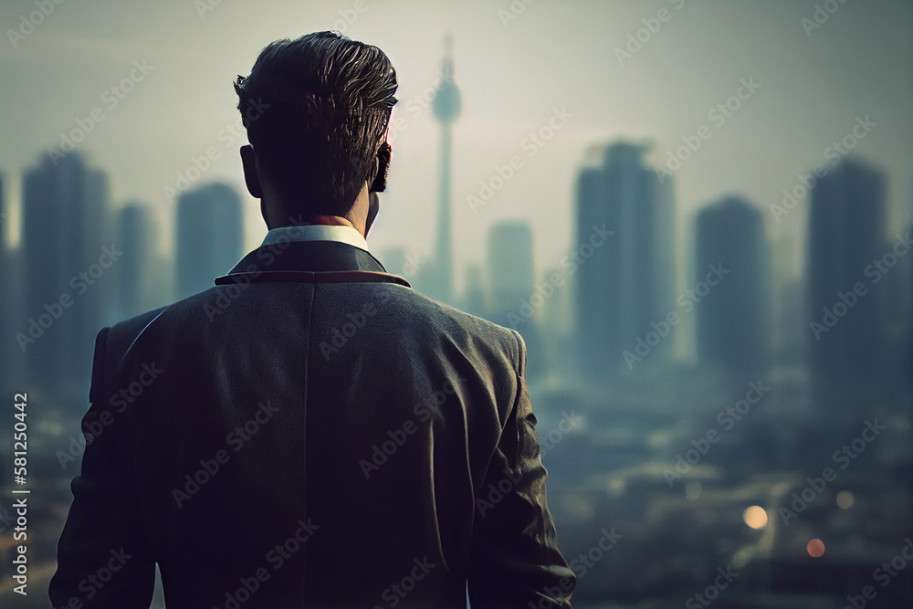 Back view of young businessman standing in front of window and looking at city.generative ai