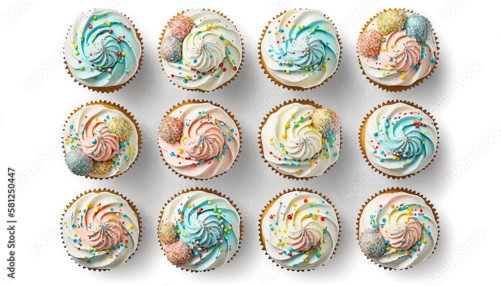 Obraz premium Horizontal high angle, directly overhead view of a dozen frosted cupcakes. The cupcakes are against a white background and are decorated with swirls, sprinkles, drizzles and candies generative ai