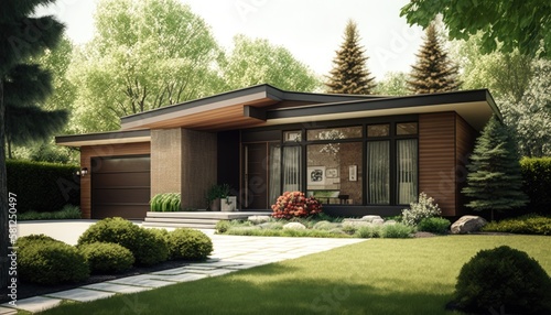 Photo of a modern custom single-level suburban home on a sunny summer day. generative ai © Creative Station