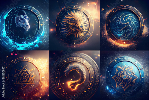  lot of zodiac signs on a dark background.generative ai