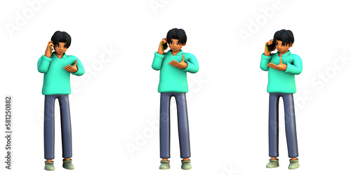 3D ILLUSTRATION RENDERING. PORTRAIT SMILLING MAN CUTE CARTOON CHARACTER YOUNG MALE MODEL STANDING ON ISOLATED WHITE BACKGROUND. MINIMAL HUMAN TALKING ON MOBILE SMART PHONE.