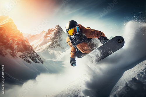 Flying snowboarder on mountains. Extreme winter sport.generative ai photo
