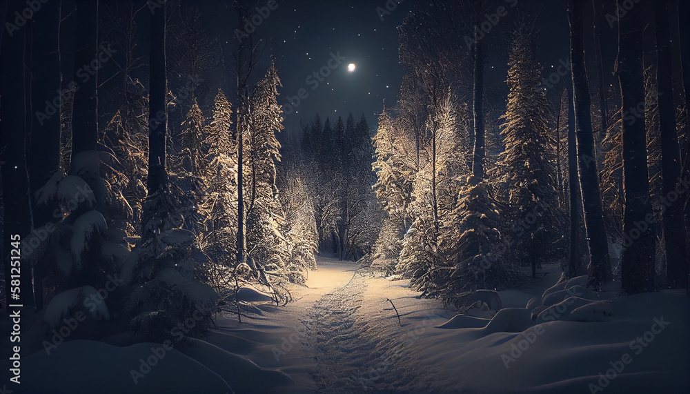 Snowy winter forest at night with full moon.generative ai