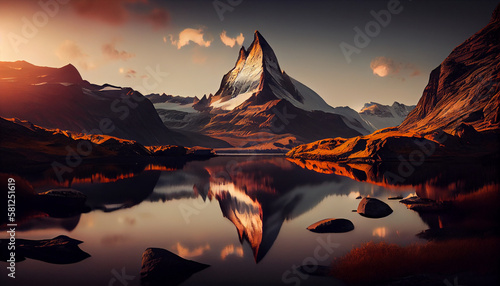 Matterhorn and Zermatt lake at sunrise, Switzerland.generative ai