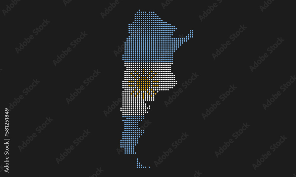 Argentina dotted map flag with grunge texture in mosaic dot style. Abstract pixel vector illustration of a country map with halftone effect for infographic. 