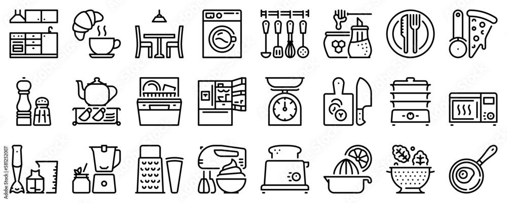 Line icons about kitchen on transparent background with editable stroke.