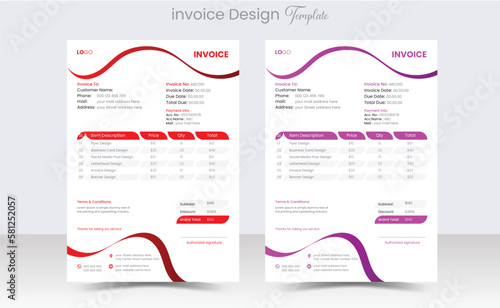 Corporate Business Invoice design template vector illustration bill form price invoice. Creative invoice template vector. business stationery design payment agreement design template