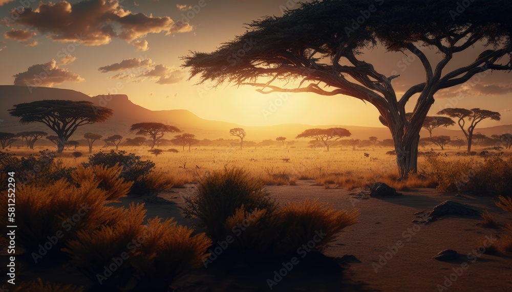 Savannah landscape with tree and undergrowth at sunset, Generative AI Savannah landscape with tree and undergrowth at sunset, Generative AI