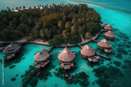 Tropical resort on Maldives islands with wooden and straw bungalows seen by drone, Generative AI