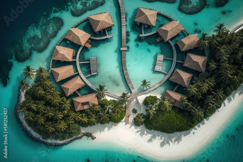 Tropical resort on Maldives islands with wooden and straw bungalows seen by drone, Generative AI photo