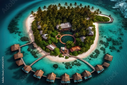Tropical resort on Maldives islands with wooden and straw bungalows seen by drone, Generative AI