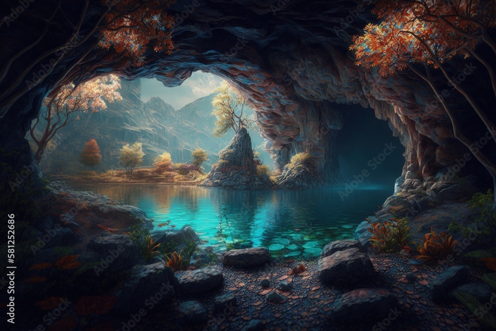 Cave landscape with beautiful lake and colorful vegetation, Generative AI Cave landscape with beautiful lake and colorful vegetation, Generative AI