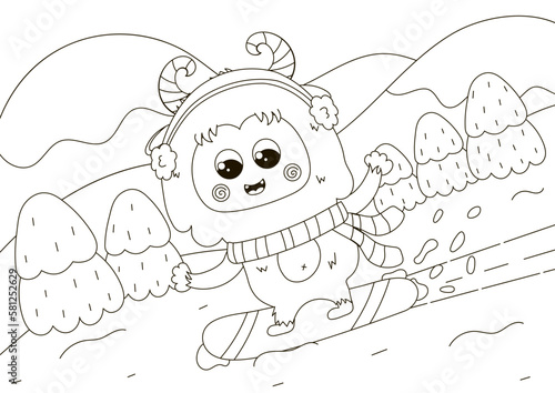 Funny coloring page with cute Yeti character snowboarding, winter themed printable activity for kids,black and white doodle for children