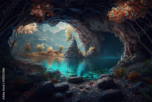 Cave landscape with beautiful lake and colorful vegetation, Generative AI