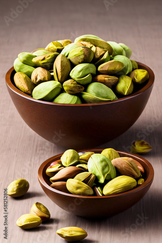 Delicious pistachio nuts spilling onto kitchen counter. Taste, snack, nutrition concept created with generative AI.