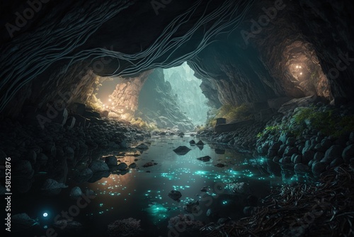 Cave with lake, stones and mysterious lights, background, Generative AI