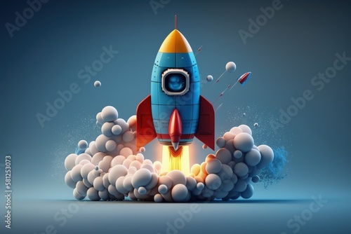 Toy rocket taking off, isolated on blue background, Generative AI