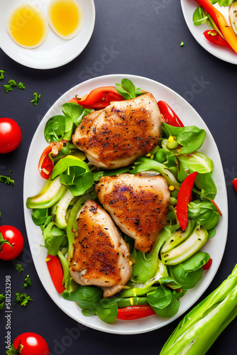 Grilled chicken breast fillet served with fresh vegetable salad. Healthy food, diet, nutrition concept created with generative AI.