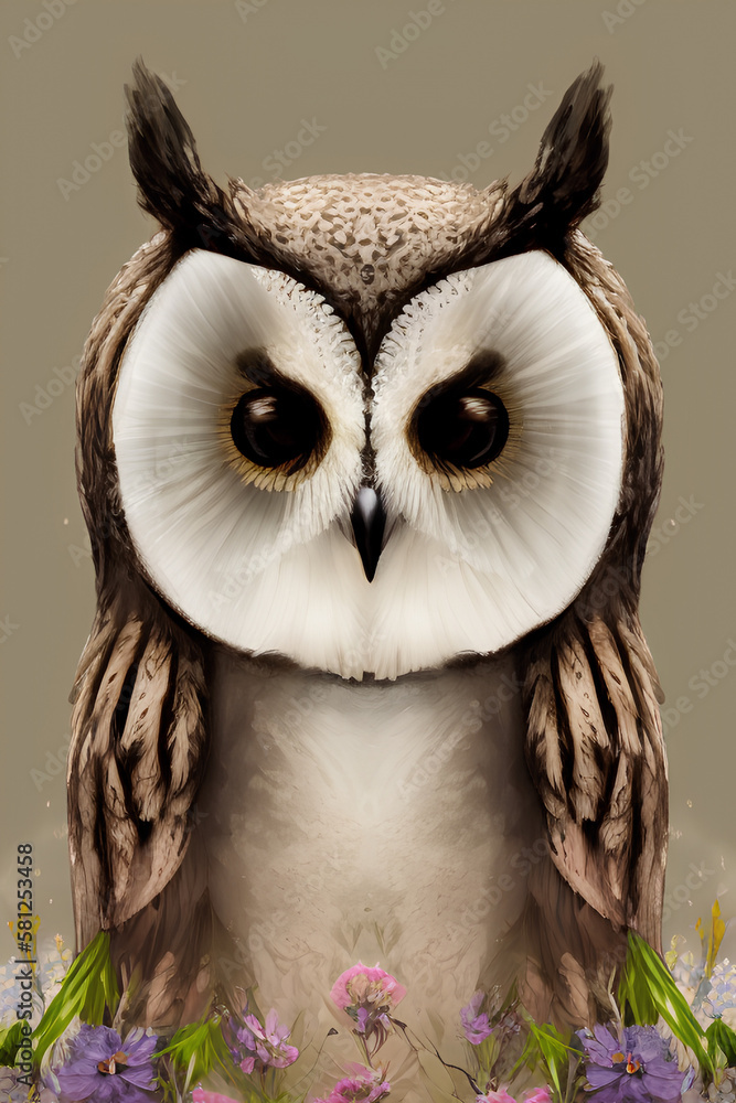 Obraz premium cute fantasy owl with flowers, illustration. generative AI