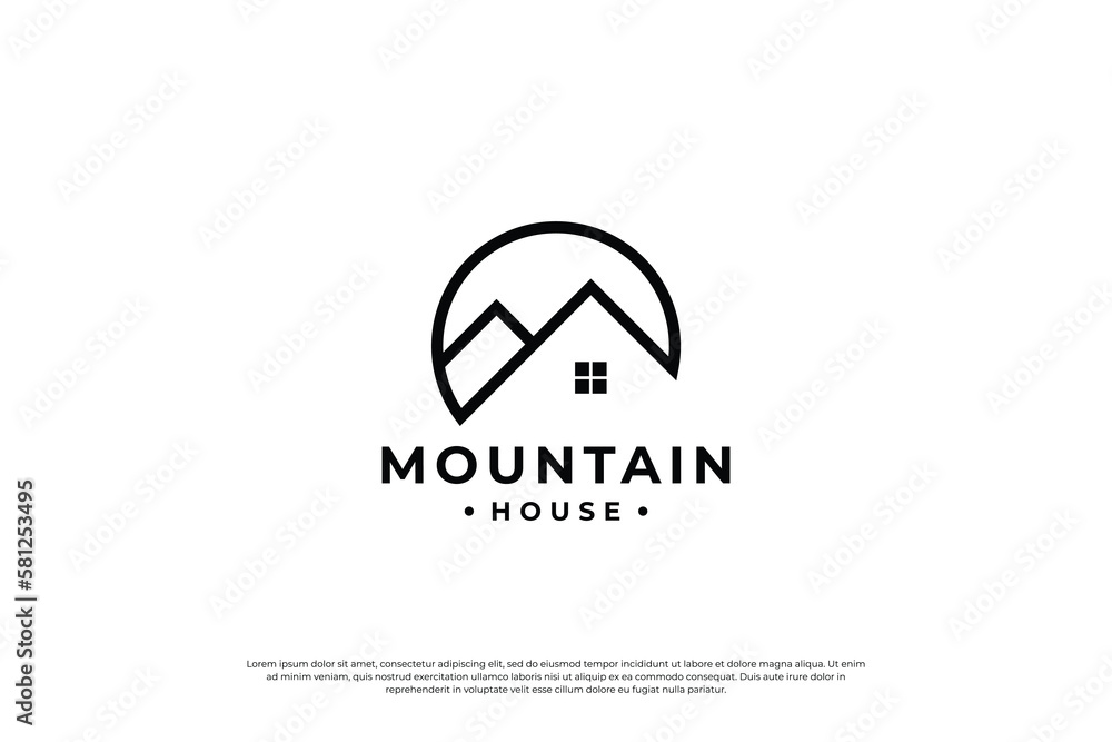 mountain house combination logo design with line art style.