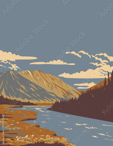WPA poster art of Quill Creek in Kluane National Park and Reserve in the southwest corner of the territory of Yukon, Canada done in works project administration.