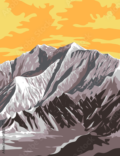 WPA poster art of Mount Logan within Kluane National Park and Reserve in the territory of Yukon, Canada done in works project administration.