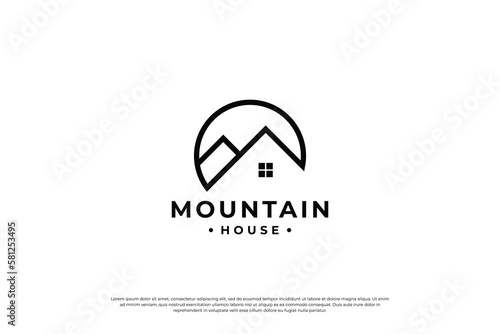 mountain house combination logo design with line art style.