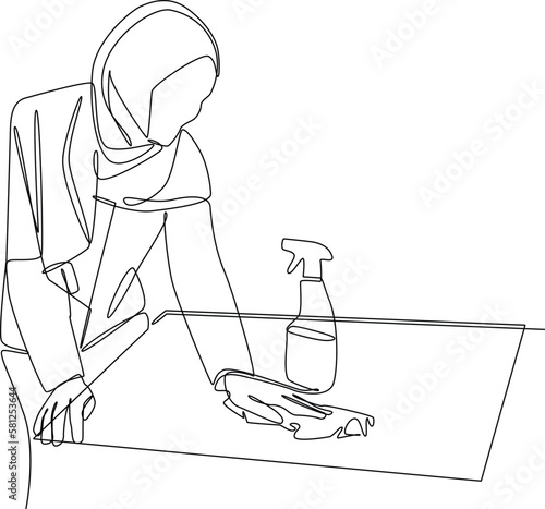 Continuous one line drawing happy Muslim woman cleaning in house. Concept of home health care activities. Single line draw design vector graphic illustration.