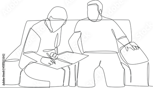 Continuous one line drawing happy boy sharing with his father in the living room. Concept of home health care activities. Single line draw design vector graphic illustration.
