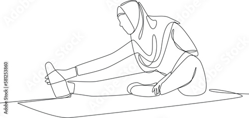 Continuous one line drawing Muslim woman doing exercise in home. Concept of home health care activities. Single line draw design vector graphic illustration.