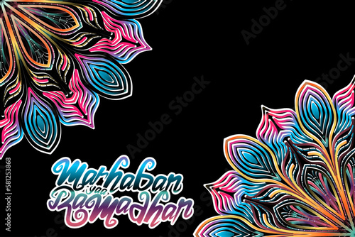 Beautiful marhaban yaa ramadhan lettering typography design with colourful mandala circle gradient line art
 photo