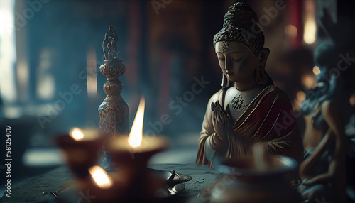 Buddha statue with burning candle and incense in the dark.generative ai