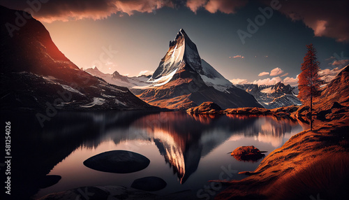 Matterhorn and Zermatt lake at sunrise, Switzerland.generative ai
