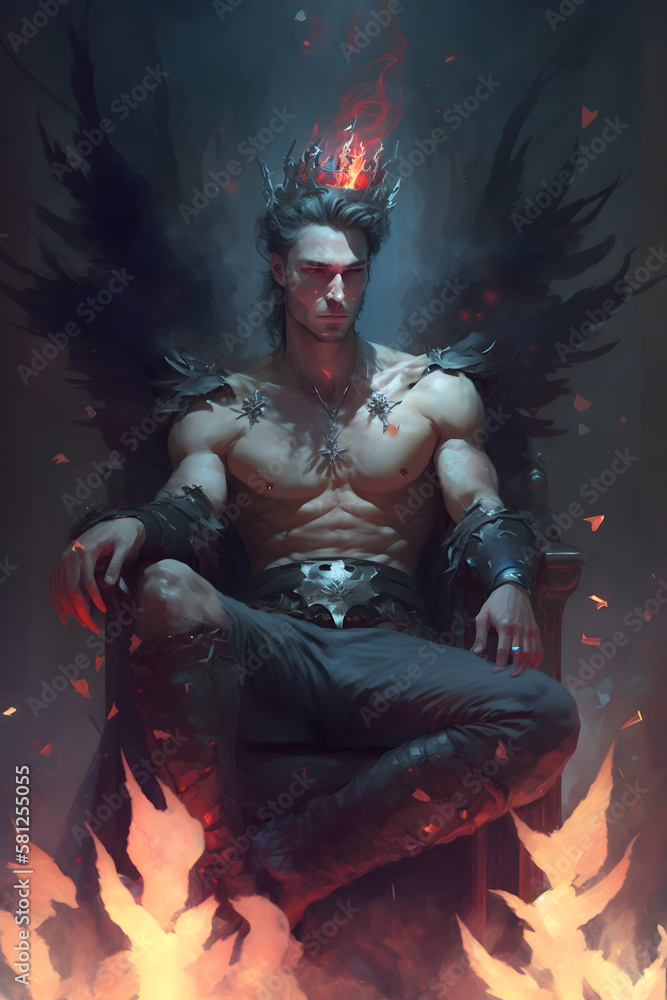 A handsome fantasy male with a crown sitting on a throne surrounded by magical flames AI Generative