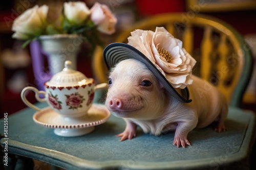 Teacup pig in fascinator hat sitting on table photo