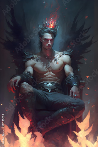 A handsome fantasy male with a crown sitting on a throne surrounded by magical flames AI Generative