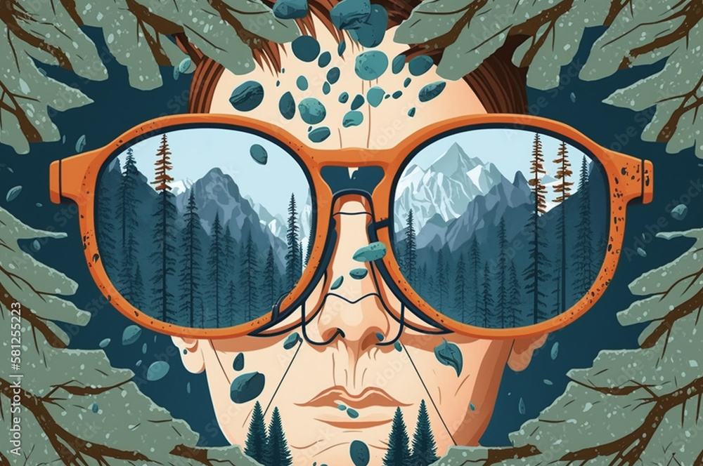 A woman wearing glasses with trees and mountains