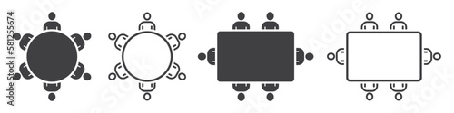 Set of people at the table. People around the round table and square table. Team business meeting icons, collaboration, teamwork, conference, Concilium. Vector.