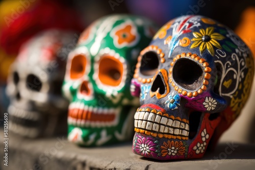 Colorful Mexican skulls at market. Close up shot. Focus on foreground. Generative AI illustration
