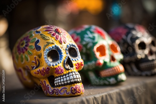 Close up shot of decorated Mexican skulls. Focus on foreground. Generative AI illustration