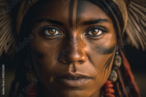 Close up face portrait of Native Brazilian woman. Generative AI illustration