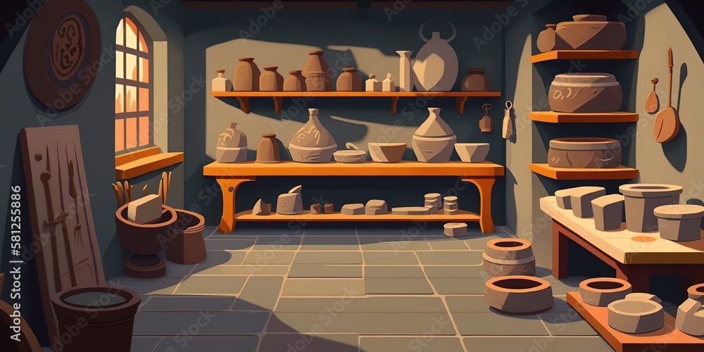 Pottery studio with pottery wheel kiln and shelves filled with various