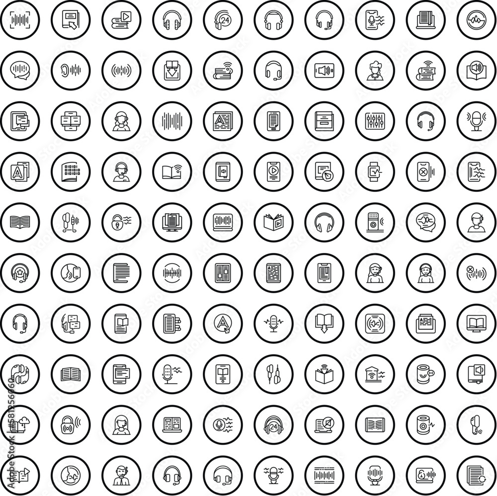 100 audio icons set. Outline illustration of 100 audio icons vector set isolated on white background