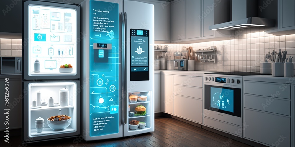 Kitchen with appliances connected to smart home system, concept of
