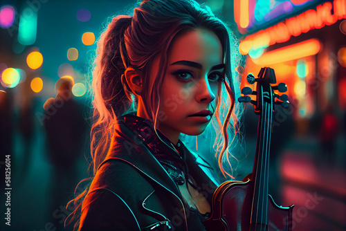Female Street musician playing violin at night neon street lights background. Young woman violinist play music on the street in the evening time. Joyful woman musician.High quality illustration. photo