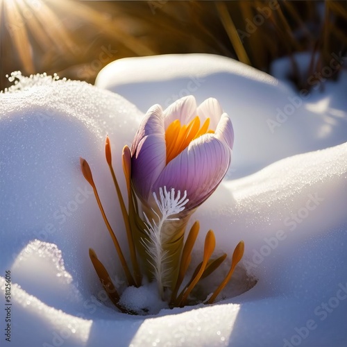 Digital Illustration of a Crocus Flower or Plant in the Snow, Sudden Snowfall Burying Spring Flowers, Concept Early Spring, Renewal. Made in part with Generative AI.
 photo